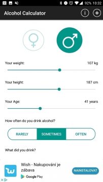 Alcohol Meter - nastavení osoby