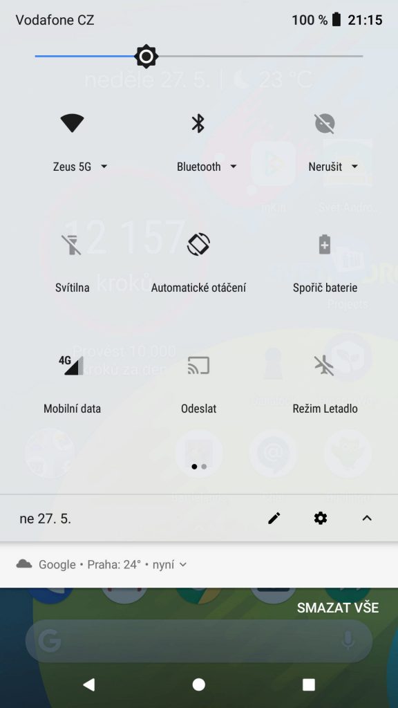 sporic baterie v rychlem Android menu